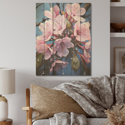 Éclat de fleurs célestes roses - Art sur bois de rhododendron sur bois de pin naturel