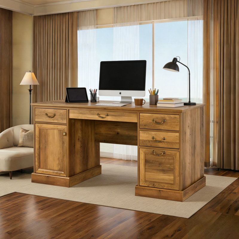 59'' W Rectangle Executive Desk with Storage Cabinet and Drawers, Workstation for Office Home, Rustic Oak