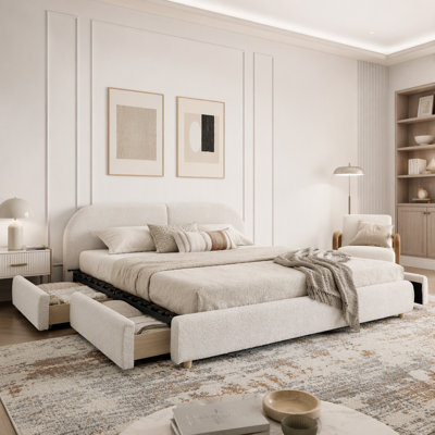 Upholstered Platform Bed with Curved Headboard and 4 Storage Drawers