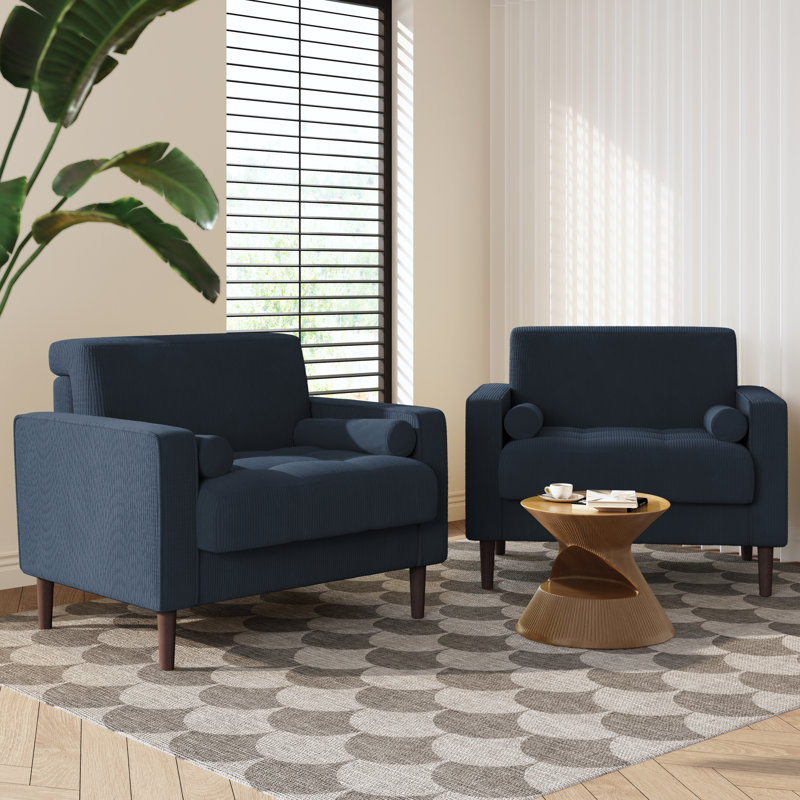 Iliana 34.6'' Wide Square Arm Tufted Club Chair with 2 Pillows, Navy Blue Corduroy