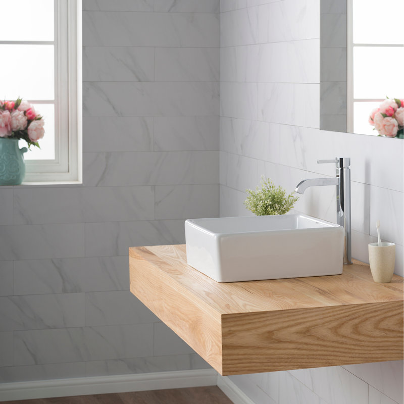 Ceramic Square Vessel Bathroom Sink with Faucet, Chrome