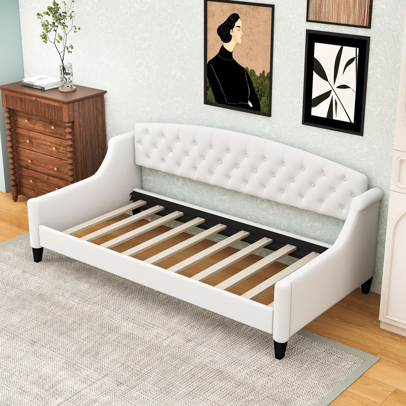 Upholstered Twin Daybed with Sturdy Slats, Tufted Wingback Design, Beige
