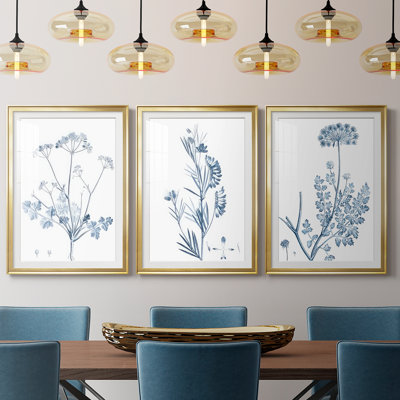 Antique Botanical in Blue IV  -Custom Framed  Premium Print W Matt - 3 Pieces