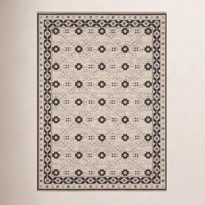 Abena Beige Black Floral Oriental Wool Rug