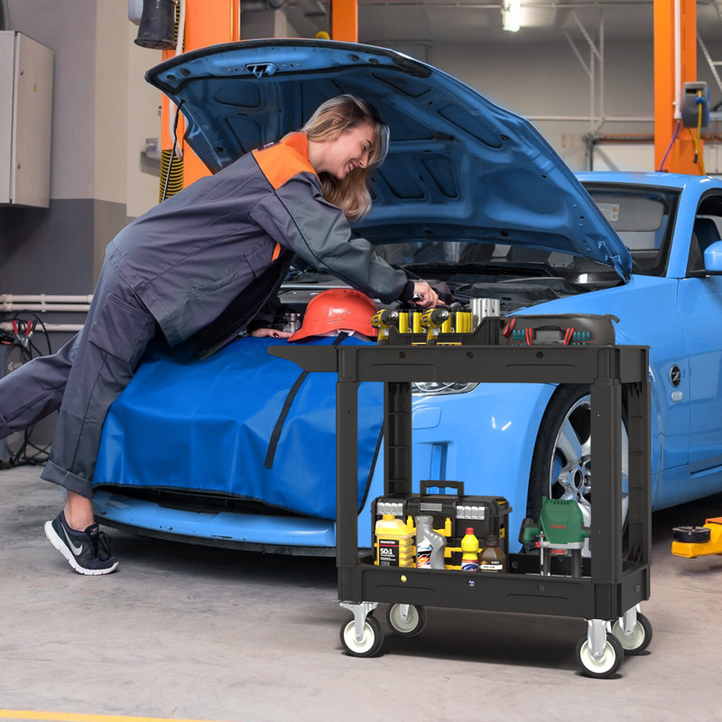 Chariot utilitaire de 550 lb avec roues, chariot de service roulant robuste, chariot à outils en plastique sur roulettes, chariot à outils à 2 tablettes pour l'entrepôt, garage, nettoyage