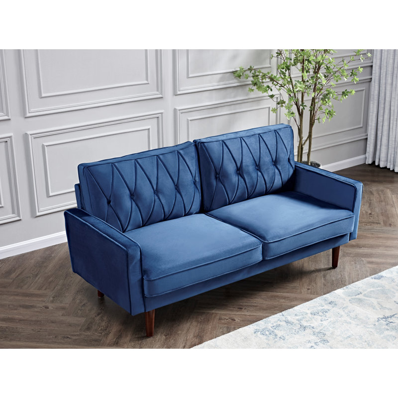 Petit canapé à dossier coussiné en velours, Velours bleu foncé, H 31,5 po x l 57,5 po x P 33,5 po