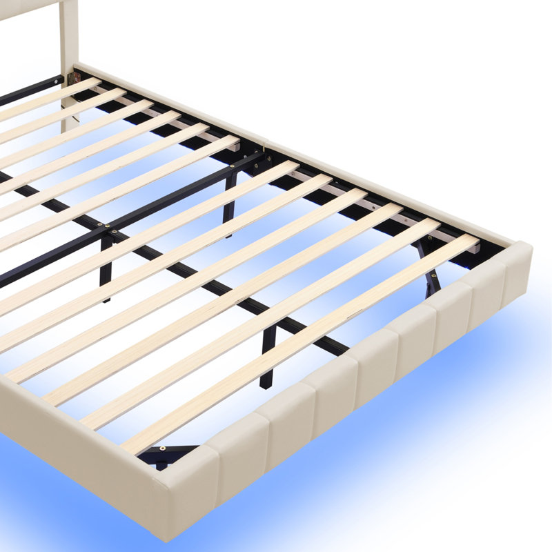 European King(160X200cm) Floating LED Linen Bed Frame With USB Charging Station, Beige Upholstered Platform With Underbed Light