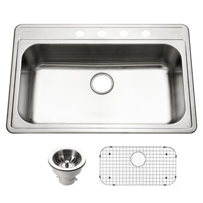 Houzer 33 in Stainless Topmount 4-hole Single Bowl Kitchen Sink w/ Strainer, Grid - PGS-3122-4-C