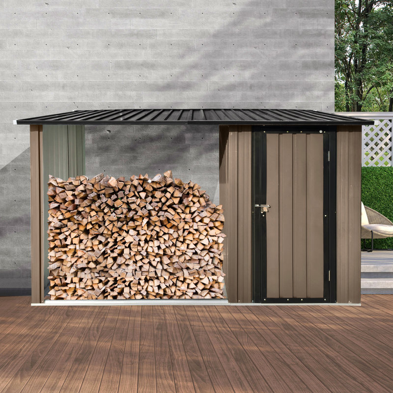 Outdoor Metal Firewood Rack And Storage Shed, Brown And Black,Two-In-One Function