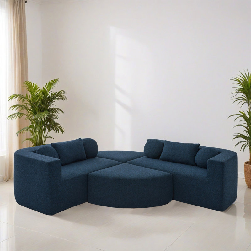 115"W 4-Piece Upholstered Sectional, Blue Boucle