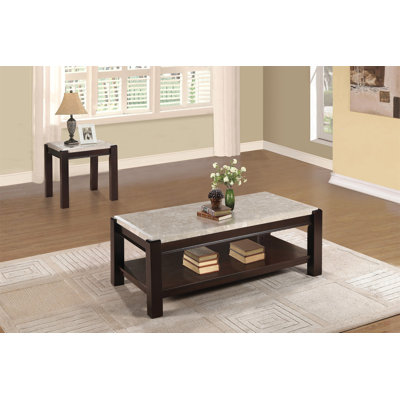 Table de bout en marbre véritable avec table en bois de cerisier foncé