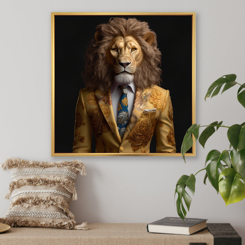 Lion jaune en costume - art mural mode lion, H 36 po x l 36 po x P 1,5 po, Cadre flottant doré