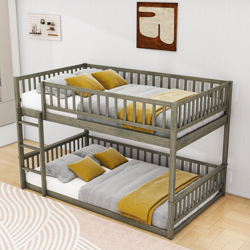 Queen Over Queen Bunk Bed With Detachable Design And Ladder, Gray