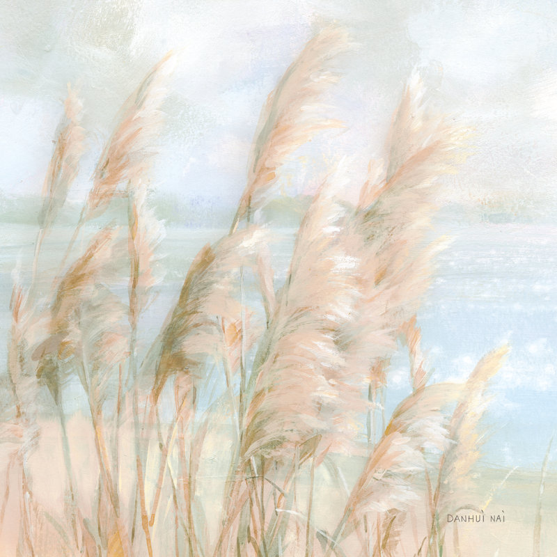Récolte de pampas en bord de mer - peinture, H 12 po x l 12 po, Non, Toile avec cadre flottant noir