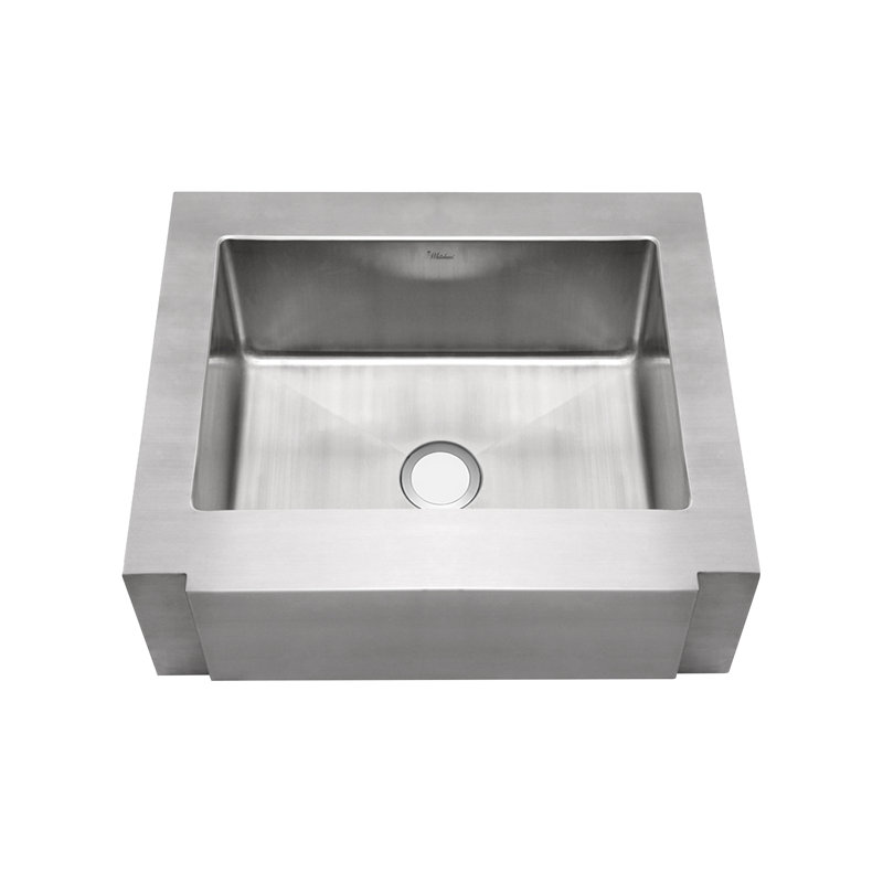 Whitehaus brushed stainless steel commercial single bowl sink with a decorative notched front apron