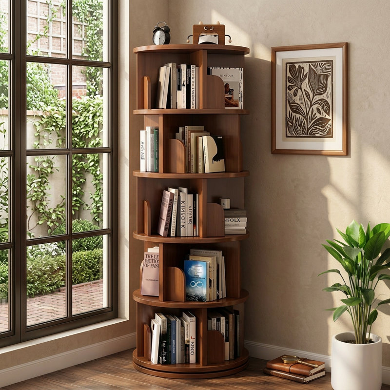  Bibliothèque rotative pour petits espaces: présentoir rotatif à 5 niveaux à 360 ° - empreinte de 0,2 po et capacité de 220 lb pour le bureau de la chambre à coucher du salon - finition noyer