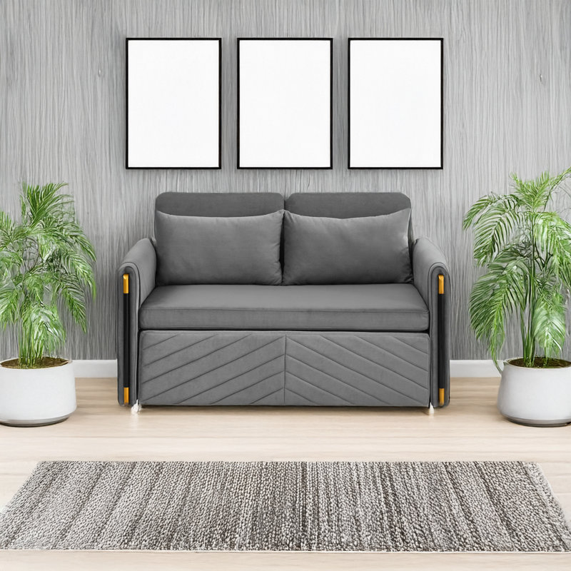 Velvet Multi-position adjustable Sofa with 2 Detachable Arm Pockets, Gray, 33.05" H x 54.05" W x 35.75" D