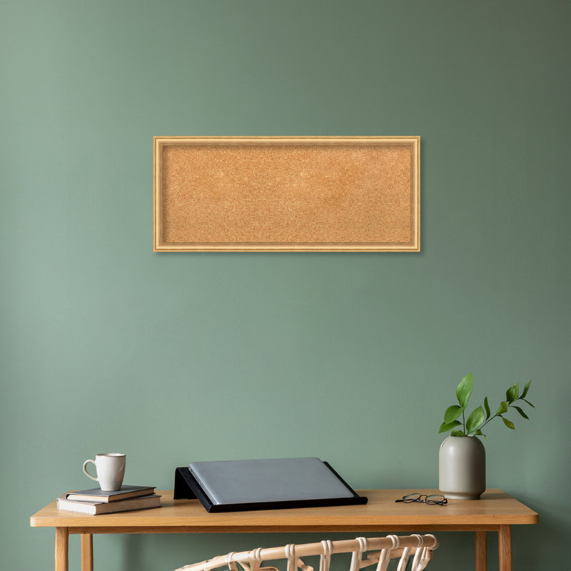 Natural Cork Bulletin Board with Gold Plastic Frame, 14" x 32"