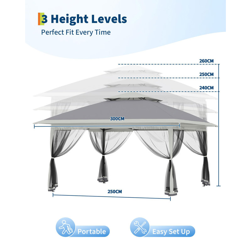 Heavy Duty Portable Canopy 3x3m with Double Roof, Waterproof, UV 50+, Height Adjustable, 4 Removable Mosquito Net Sidewalls, Easy Setup, Stable Winterproof Pavilion for Patio, Garden, Family Gathering