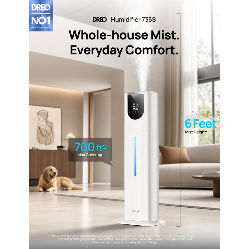 L'humidificateur intelligent 11L DREO pour grande pièce Autonomie de 100 heures, réservoir autonettoyant, télécommande / application / commande vocale, brume fraîche en blanc