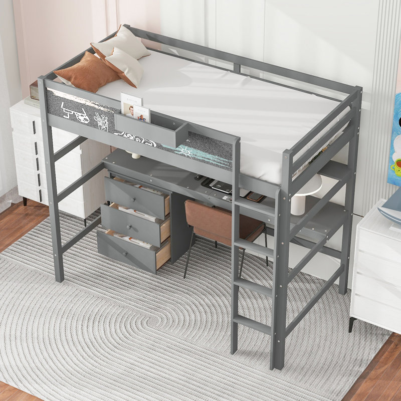 Lit mezzanine en bois avec bureau, Gris