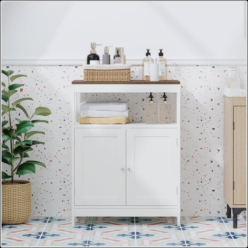 Armoire de rangement moderne avec portes doubles, tablette réglable et plateau en bois naturel pour une organisation polyvalente