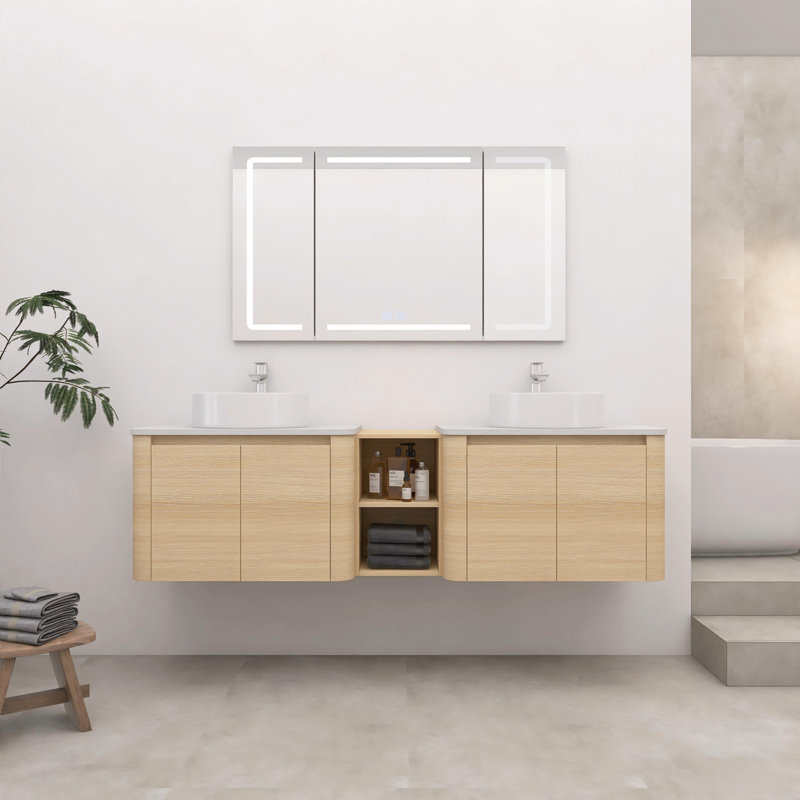 Meuble-lavabo mural double 72 po avec éviers d'art en céramique et 1 tablette de rangement, chêne blanc américain, Blanc