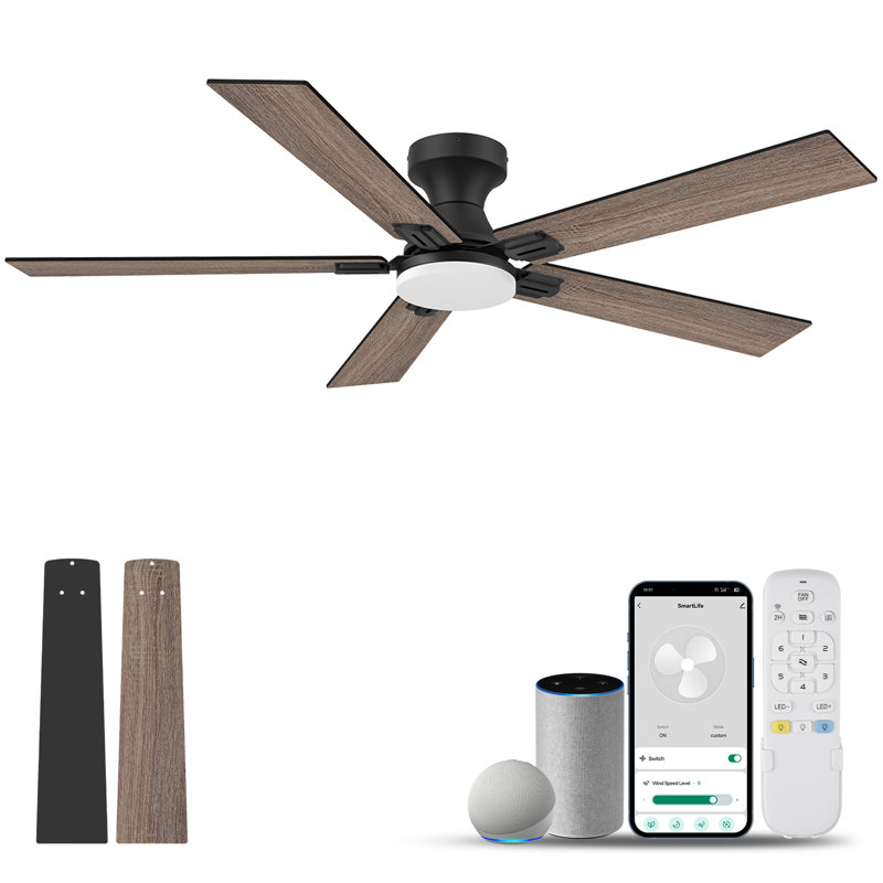 52 in.5 - Blade Smart Outdoor Indoor White Ceiling Fan with LED Lights, Remote, Voice Control via Alexa, Dimmable, 6 speeds