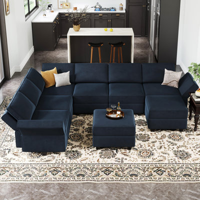 Ridoy 9-Piece Velvet Convertible Modular Sofa Sectional Livingroom Sofa Set, 8 Storage Ottomans with 7 Backrest