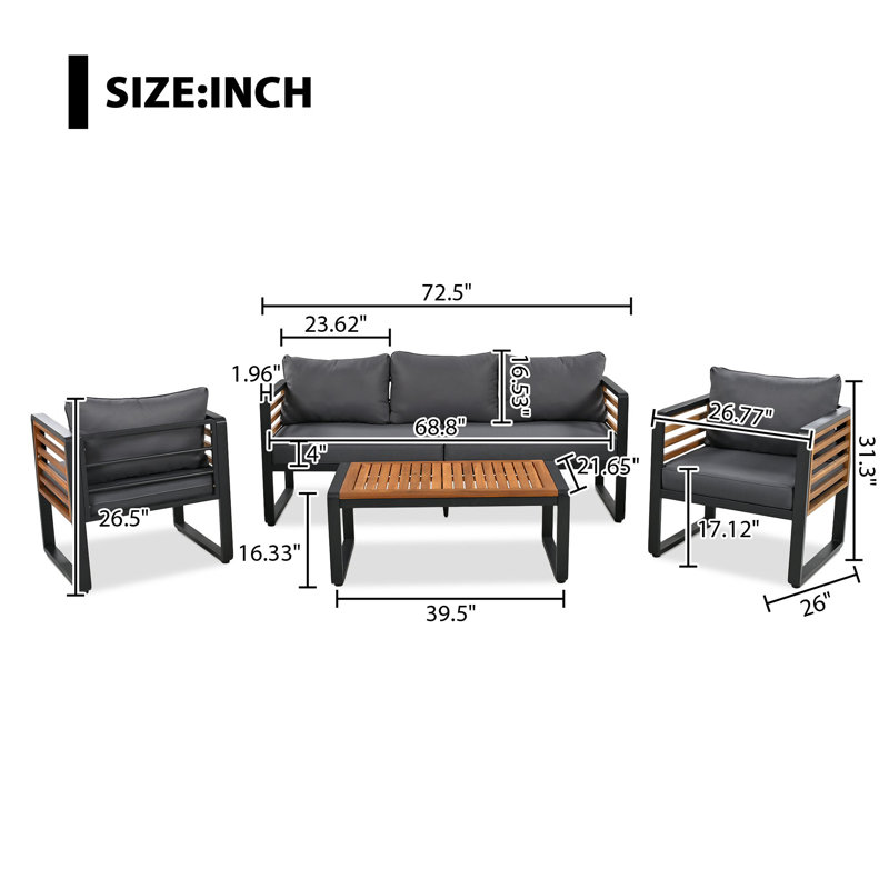 Outdoor 5-Person Sofa Seating Group with Removable Cushion and Acacia Wood Tabletop, Gray