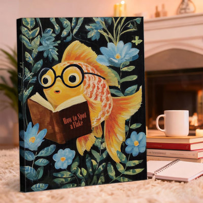 Art mural sur toile fantaisiste poisson rouge, œuvre de lecture fantaisiste, impression de flocons, décoration murale animal floral rétro pour salon chambre à coucher 8 x 10 pouces