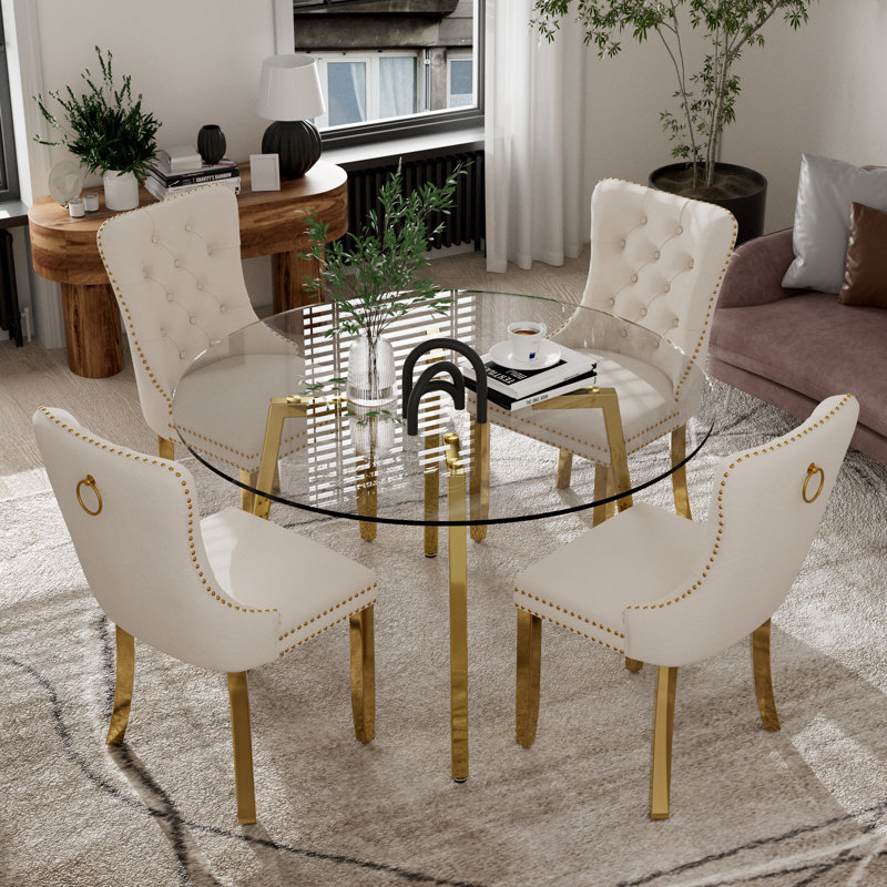 Ensemble de table de salle à manger 5 pièces, Beige, Doré, H 29,5 po x L 42 po x l 42 po