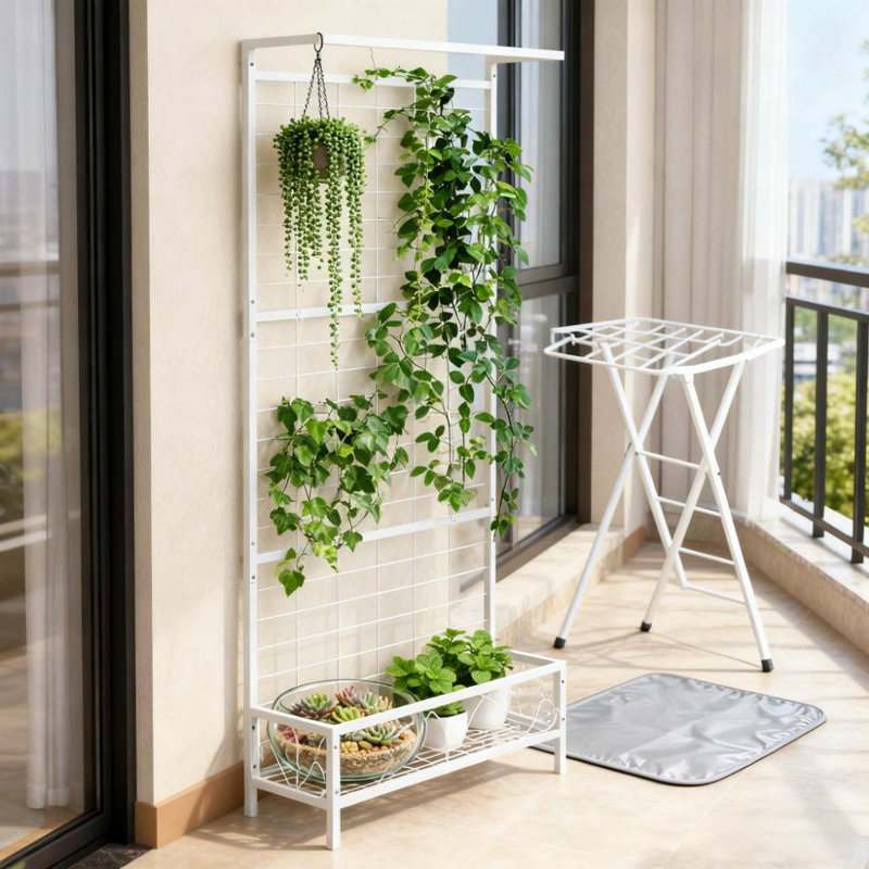 White Plant Holder,Metal Tall Plant Stand With Trellis And Hanging Bar,For Indoor Outdoor Use