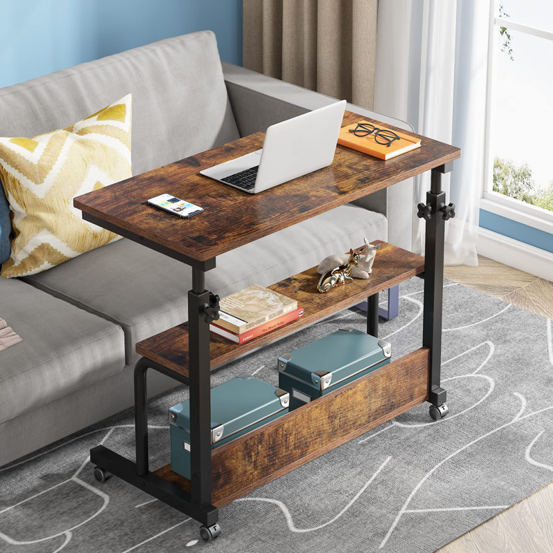 Alyiah Height Adjustable C Side Table With Wheels, Brown, Black