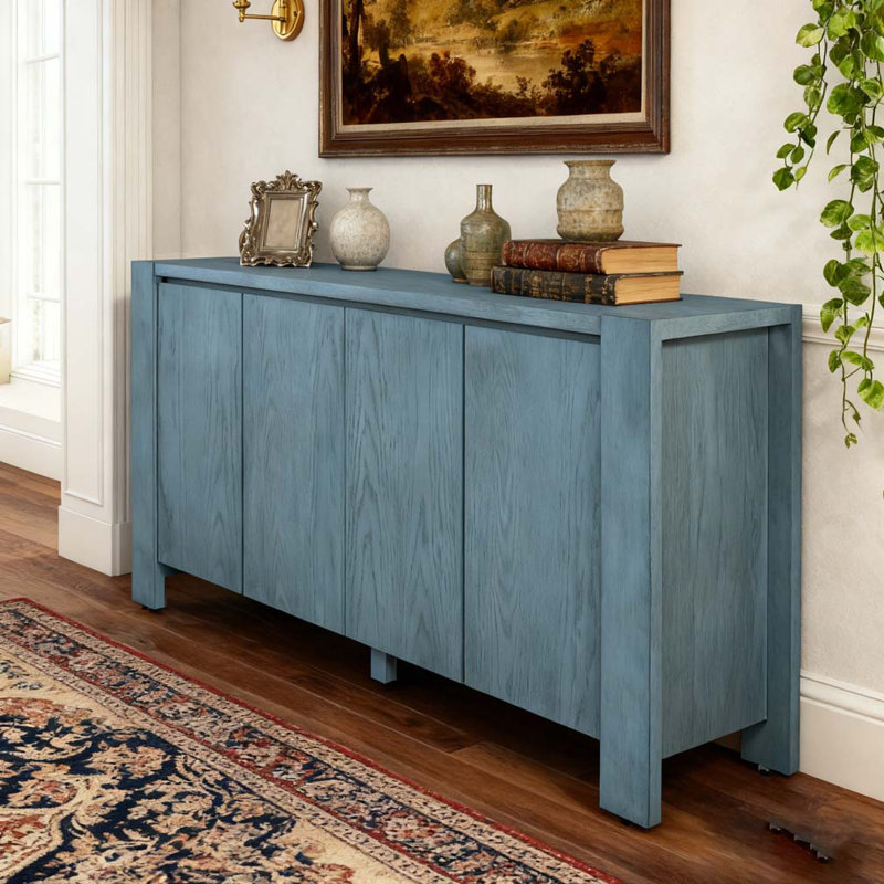 Buffet avec rangement, buffet rétro en bois à 4 portes avec finition vieillie et tablettes réglables