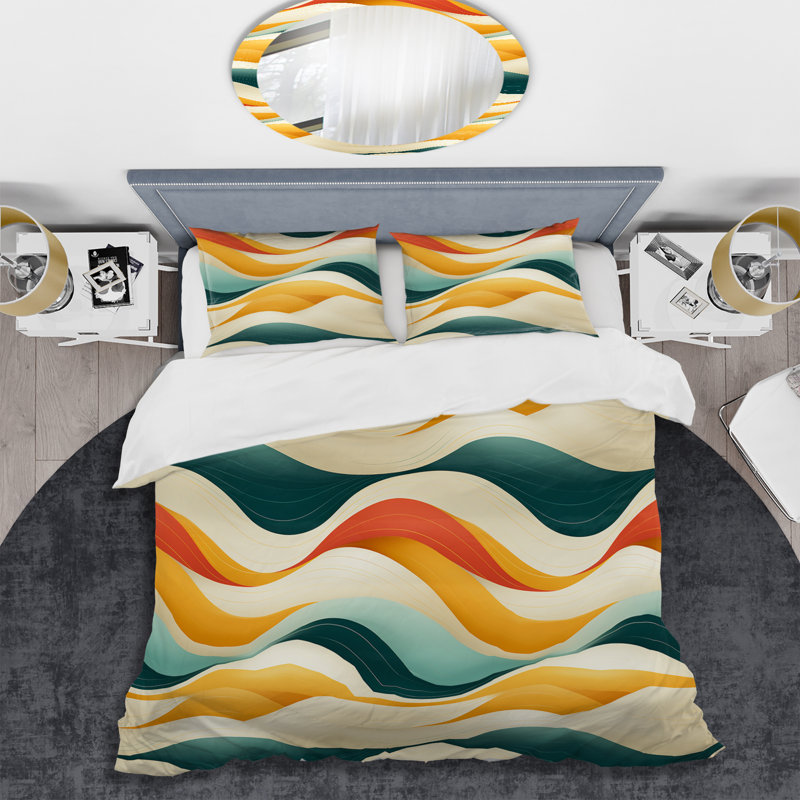 Ensemble de housse de couette rétro Waves Lines I - Midcentury, Housse de couette pour grand lit et 2 taies décor
