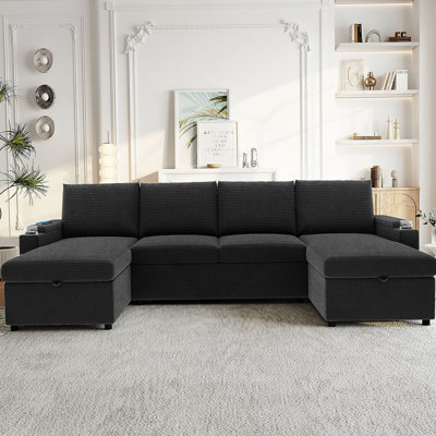 Canapé-lit modulaire convertible en forme de U avec chaises longues avec rangement, accoudoirs multifonctionnels, ports USB et porte-gobelets pour une vie confortable