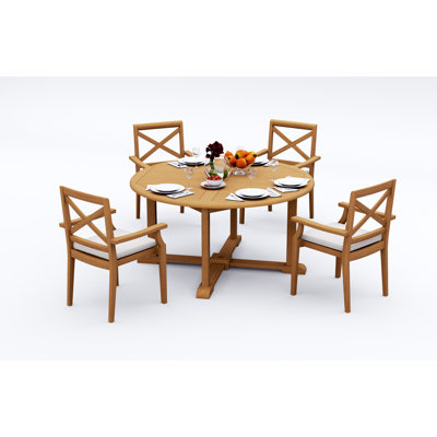 4 Seats 5 Pcs Grade-A Teak Wood Dining Set: 60" Round Table And 4 Granada Stacking Arm Chairs #11GR1204