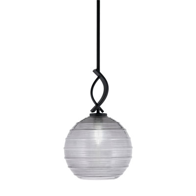 Tarkio Cavella Stem Hung Mini Pendant Shown In Matte Black Finish With 10" Smoke Ribbed Glass