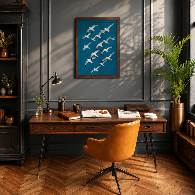 Soaring Seabirds Coastal - Framed Print, A2 - 59.4 x 42.0 cm, Walnut