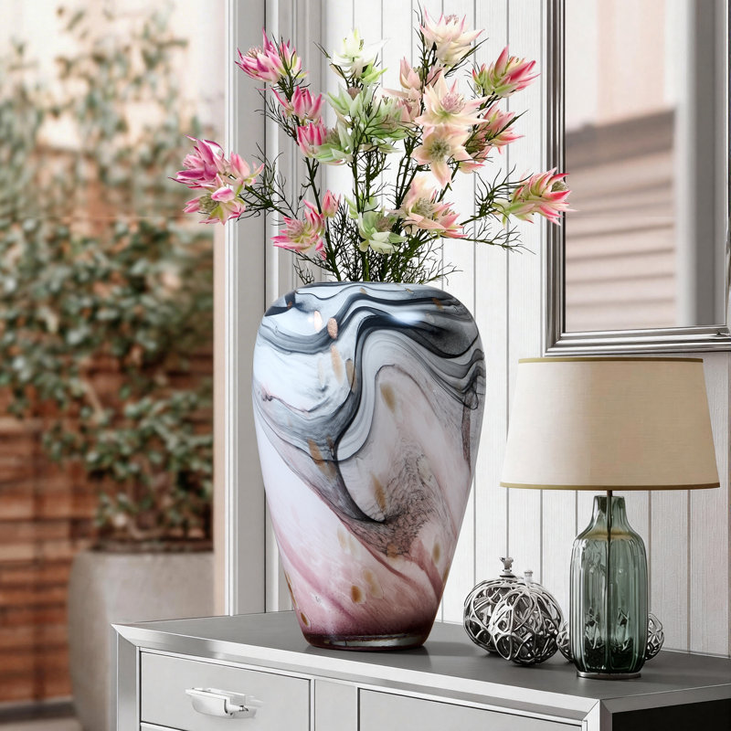 Modern Hand-Blown Glass Vase with Marble Gradient and Ink Swirl Pattern, Wide-Mouth Art Glass Decorative Vase