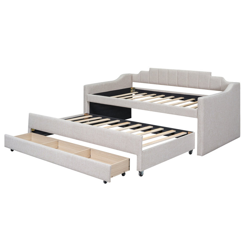 Lit de jour simple tapissier avec lit gigogne et trois tiroirs, Beige