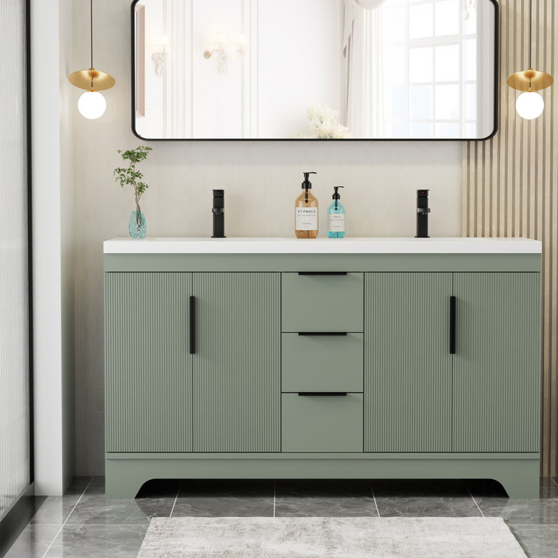 Ensemble de meuble-lavabo à double cuve 60 "avec comptoir en résine Skeen, robinet, assemblage requis, Vert sauge