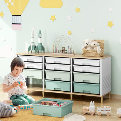Rolling Cart Storage Cabinet with 12 Drawers and Wooden Tabletop,Utility Cart Cube Organizer for Bedroom, Living Room, Office, Playroom, Craft Room, Classroom Storage