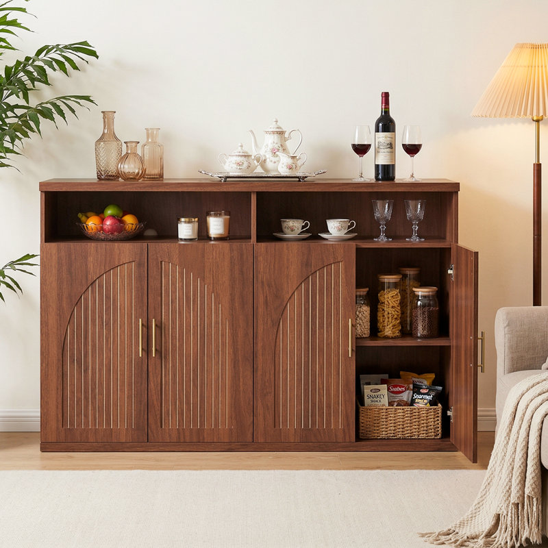 Buffet 4 arches cannelées à 4 portes avec tablettes ouvertes et charnières à fermeture en douceur et ensemble anti-basculement pour le salon et la salle à manger