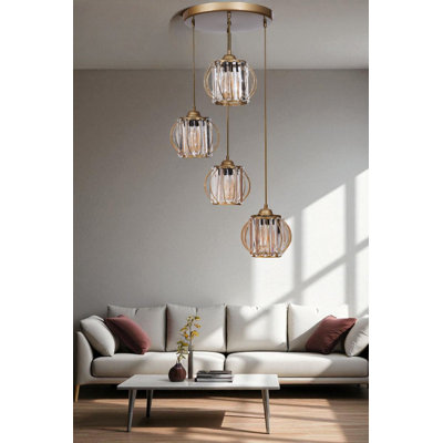 Élégant lustre doré, structure en métal, diamètre 7,5 po x 6,3 po | Hauteur réglable, plaque de base de 11,8 po x 1,2 po | 4 x culot E27 de 40 W maximum (ampoule non incluse) | pour le salon, la salle à manger et le vestibule