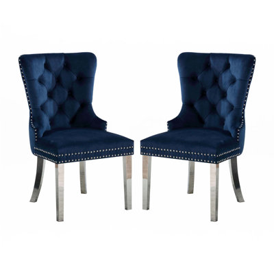 Ensemble de 2 chaises à oreilles avec dossier capitonné bleu et chrome