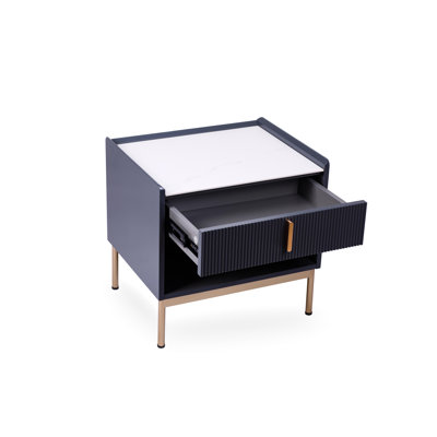 Bureau carré moderne avec rangement - Pierre blanche / grise et table de chevet dorée Surface blanche / grise et cadre laqué pour chambre à coucher
