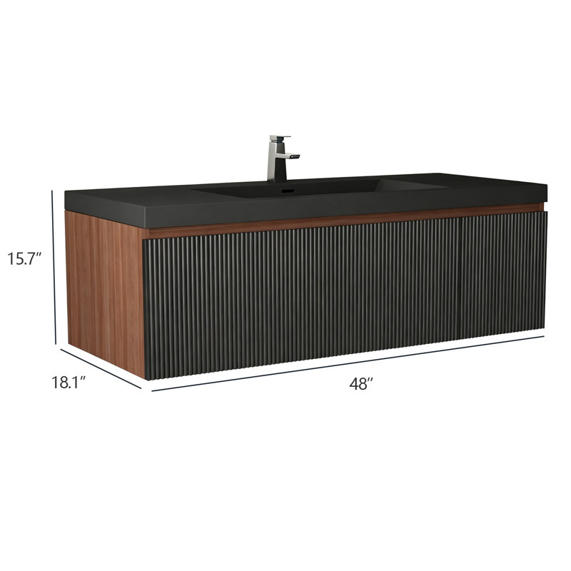 Meuble-lavabo mural simple 48 po avec lavabo, armoire flottante en résine avec porte à fermeture en douceur et rangement pour tiroir, pré-assemblé, noir