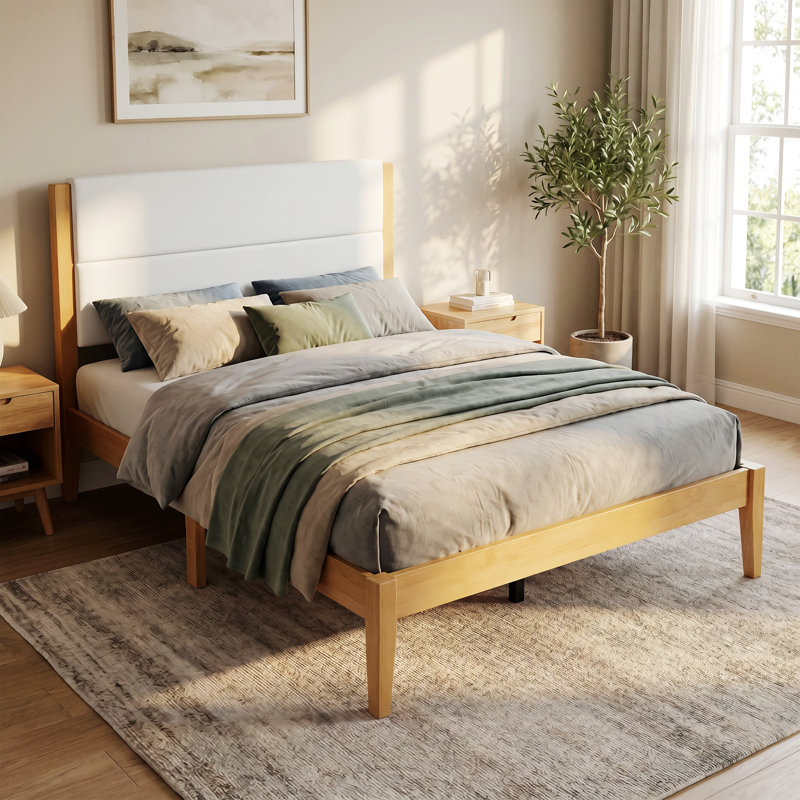 Cadre de lit plateforme avec tête de lit rembourrée, sommier à lattes en bois massif, cadre de lit plateforme pour chambre d'amis